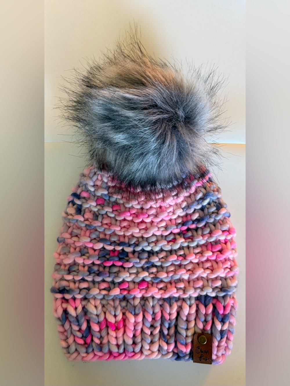 Chunky Pink Multicolor Knit Pom Beanie with Gray Faux Fur Pom